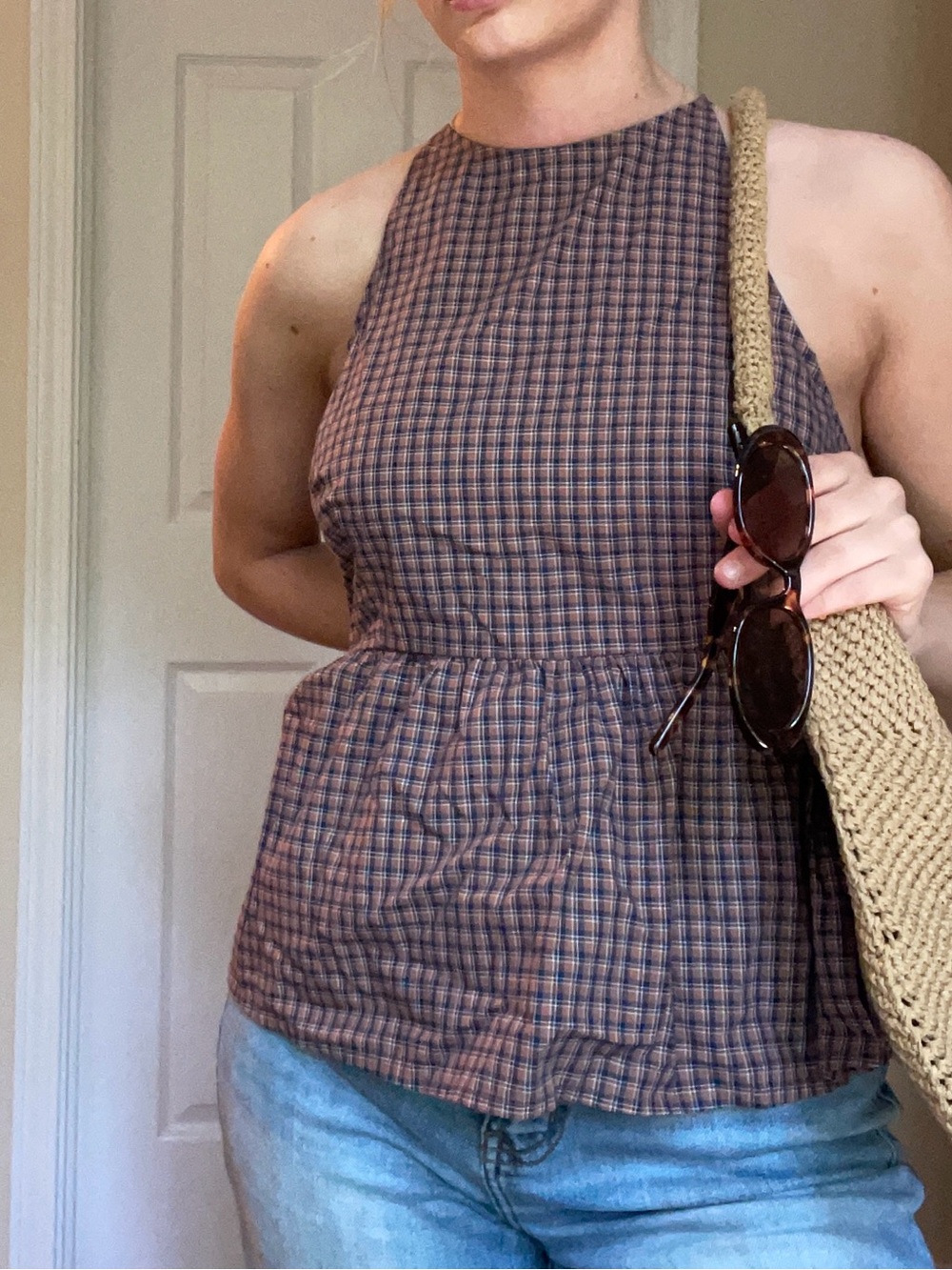 Sleeveless Plaid Peplum Top - Brown/Blue